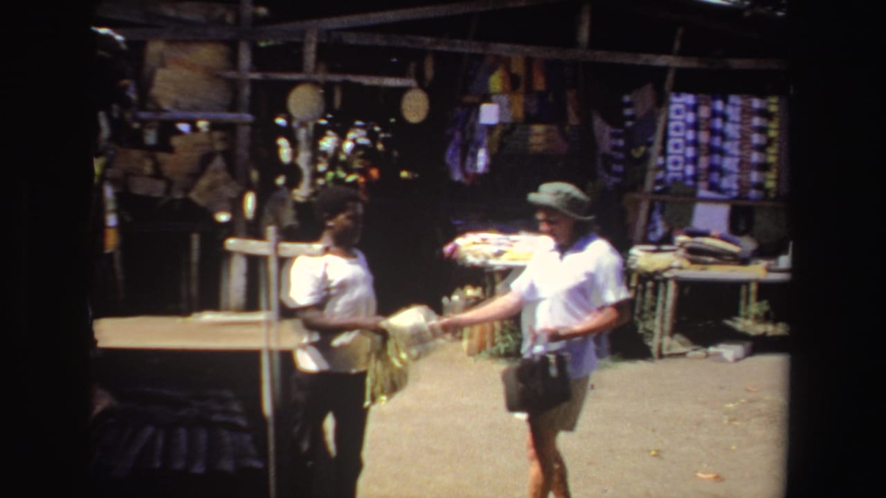 A woman in a hat holds fabric while a merchant stands nearby at a market stall.