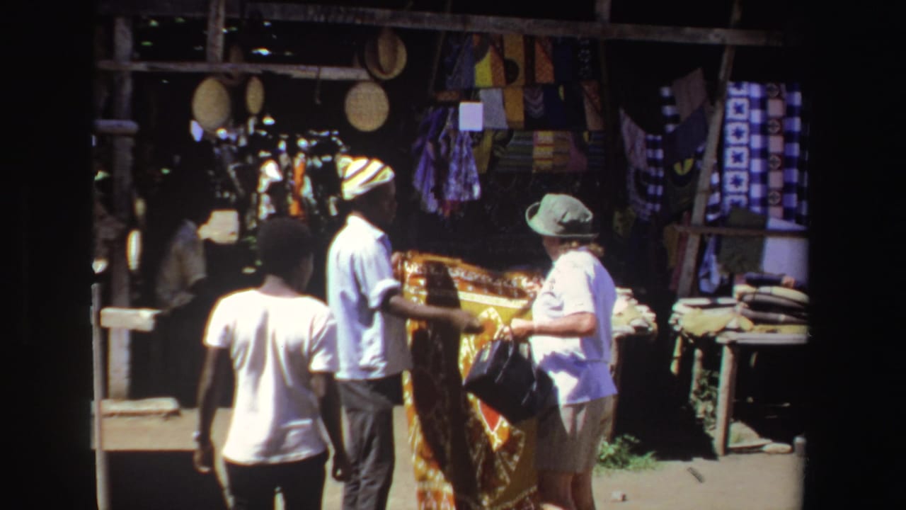 A woman in a hat looks at a patterned textile held near a market stall.