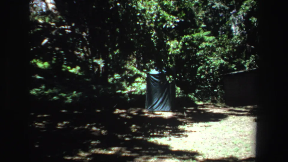 1969 South Africa 8mm frame of a wooded clearing with a blue tarp shelter set beneath dense trees.