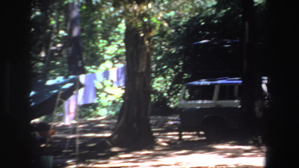 End of the zoom shows the dark vehicle and laundry line more prominently within the shaded South African clearing.
