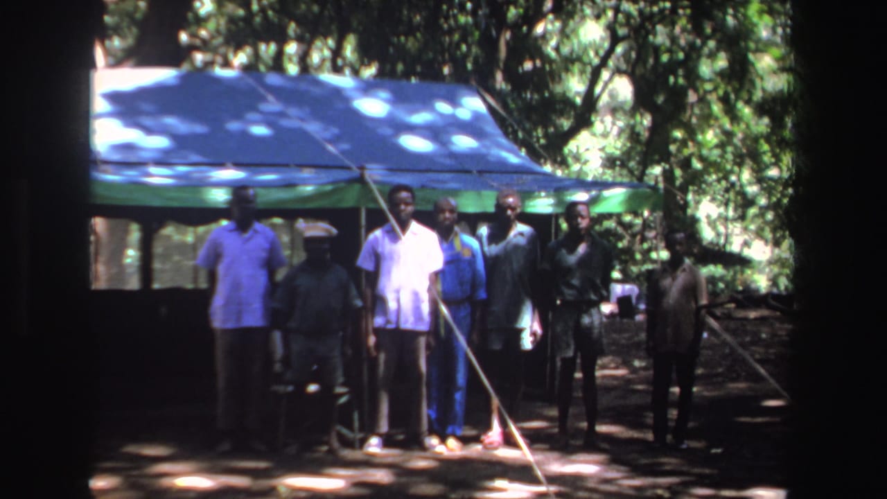 Seven Black men stand in front of a blue and green tent among trees.