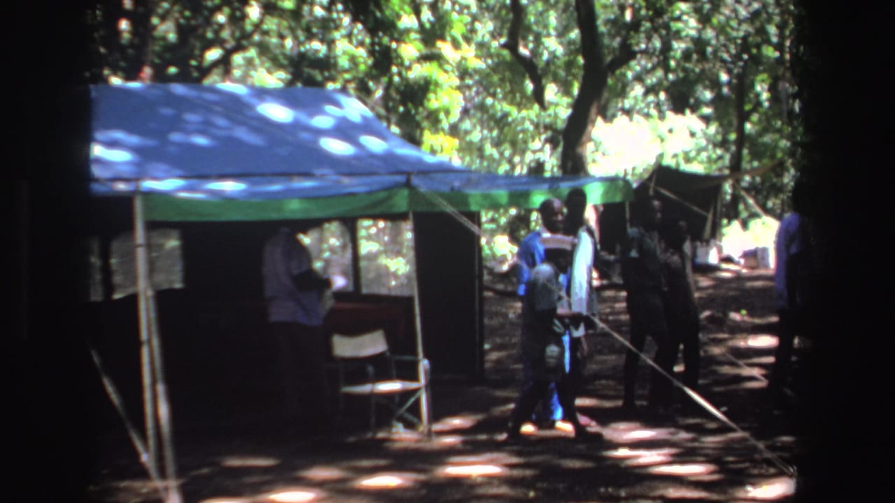 Several people stand and move beside a canopy tent under trees.