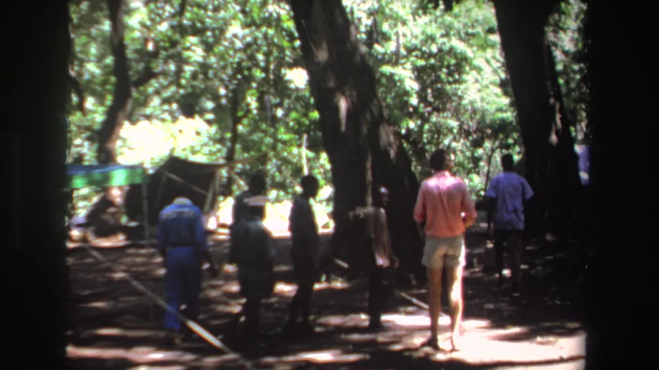 Adults walk through a wooded outdoor area near a canopy tent, with strong sun patches and soft 8mm focus.