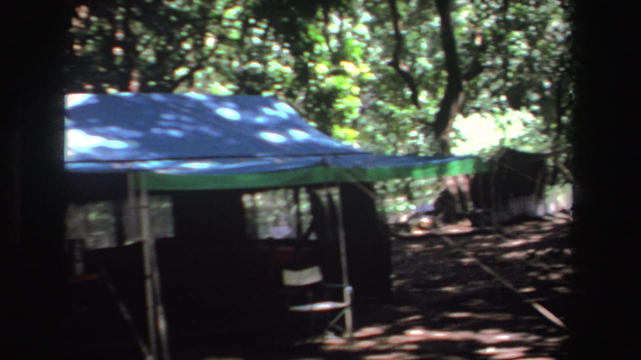 A tarp-covered campsite shelter appears in a wooded South African setting, filmed on 8mm in 1969.