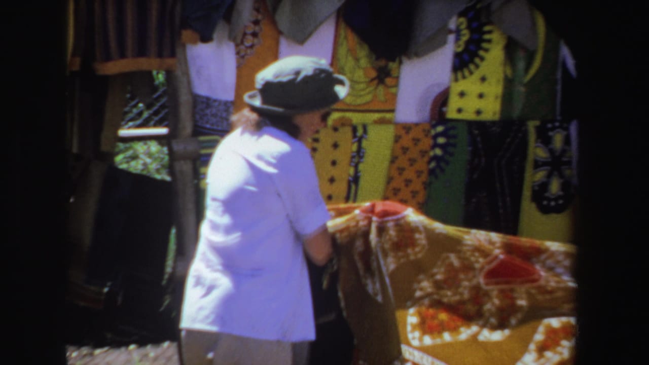 Woman in green hat examines textiles at an outdoor market stall.