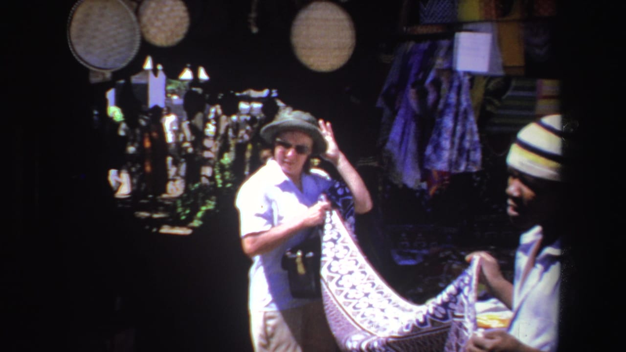Adult tourist in a sun hat holds a patterned textile at a market stall.