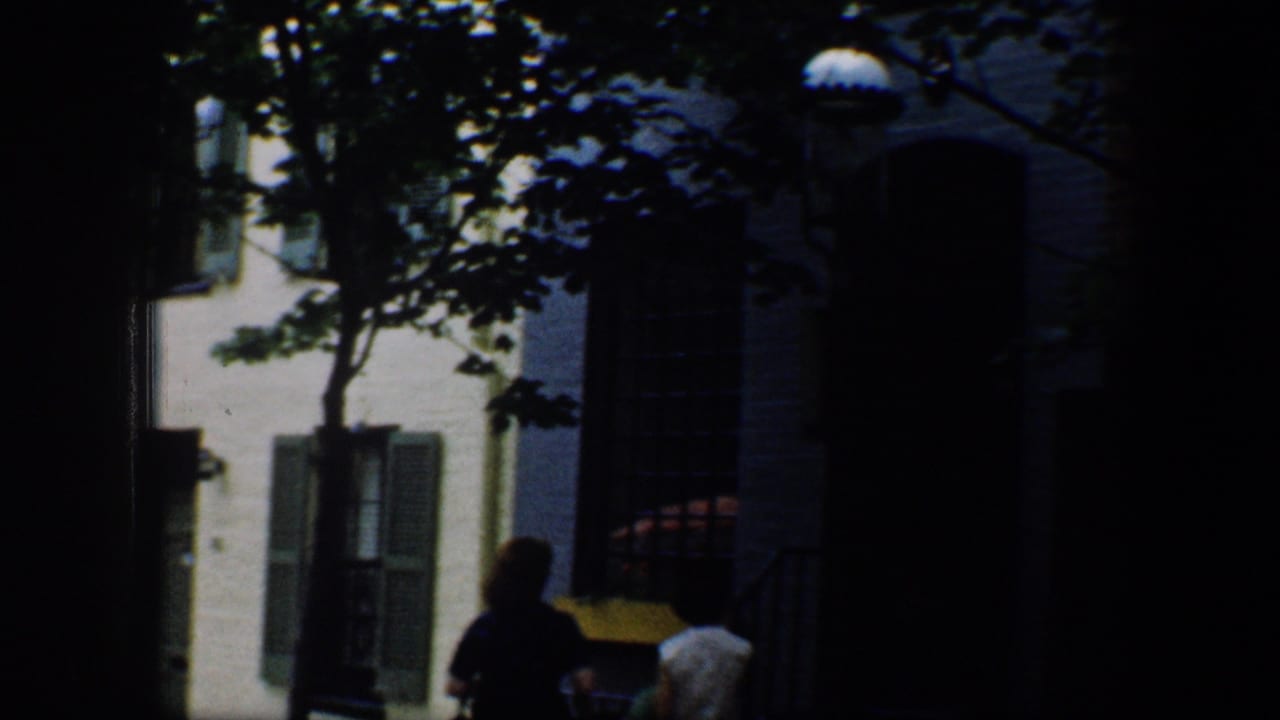 Cream row-house fronts partly obscured by trees and shadowed figures.