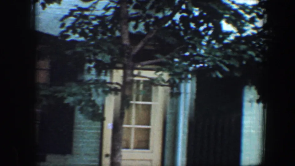 1960 Baltimore residential exterior with a white door, tall window, dark shutters, and foliage crossing the frame.