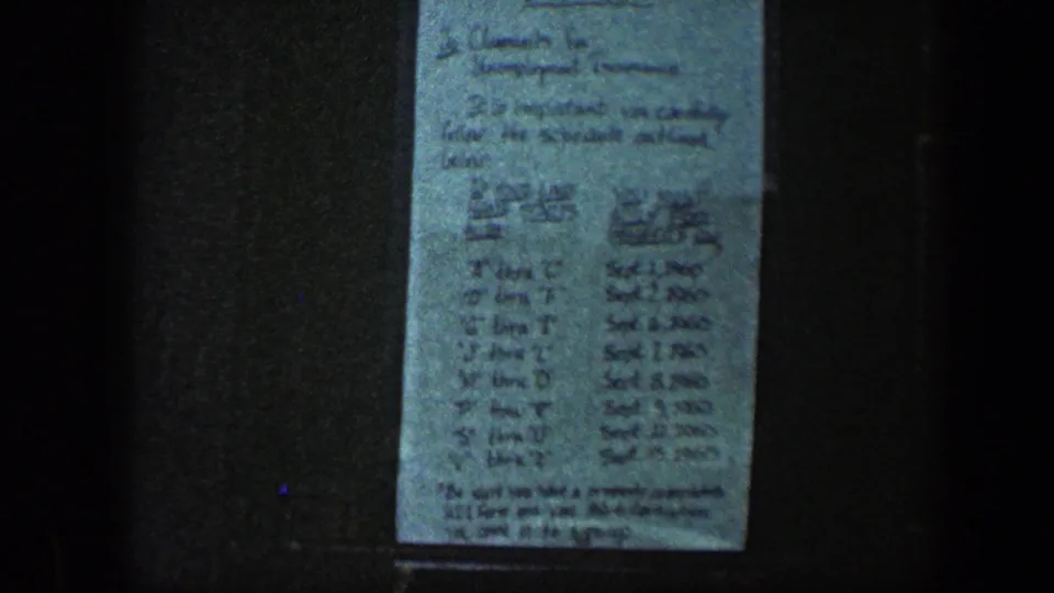 1960 Baltimore frame of a handwritten unemployment insurance schedule posted on a dark wall or door, filmed in low light.
