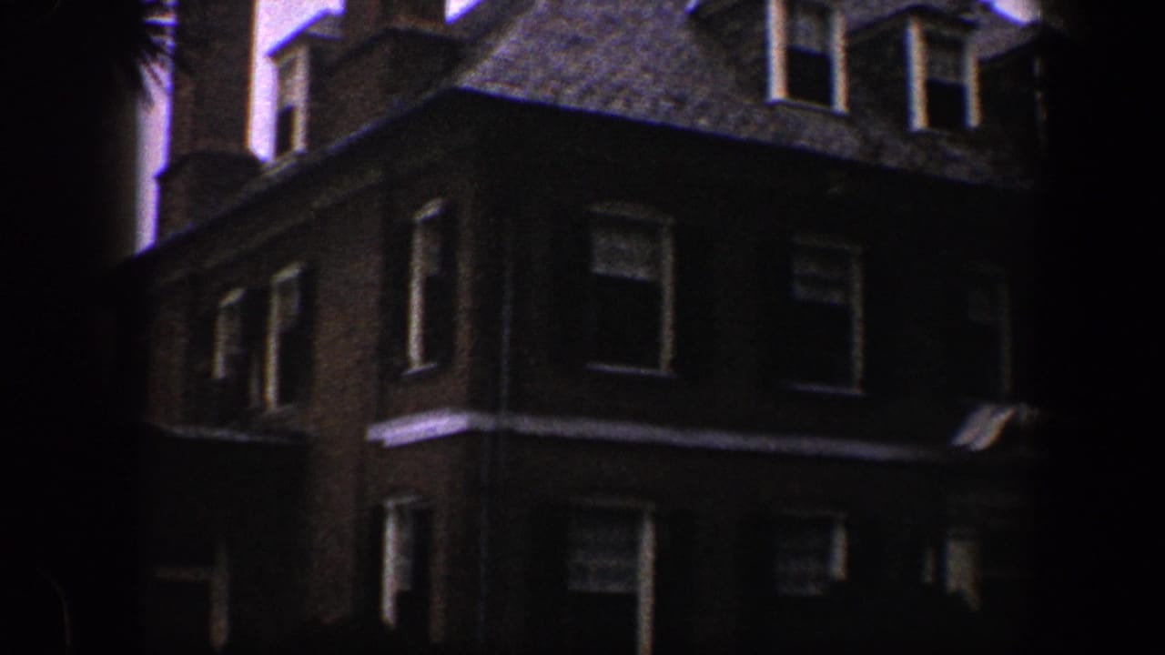 Dark brick house facade with dormer windows and trees in shadow.