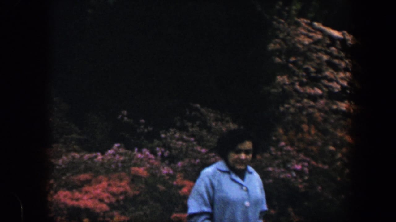 In 1960 Baltimore home-movie footage, a woman in a light blue shirt appears near red and pink flowering shrubs in a shaded garden.
