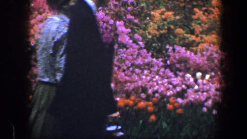 Near the end of the 1960 Baltimore garden clip, the woman passes close to the lens, partly obscured by a dark film-frame edge and flowers behind her.