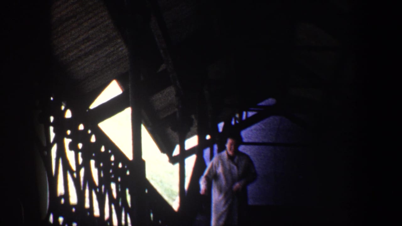 Woman in a light coat standing on a dim stairway beside ornate railings.
