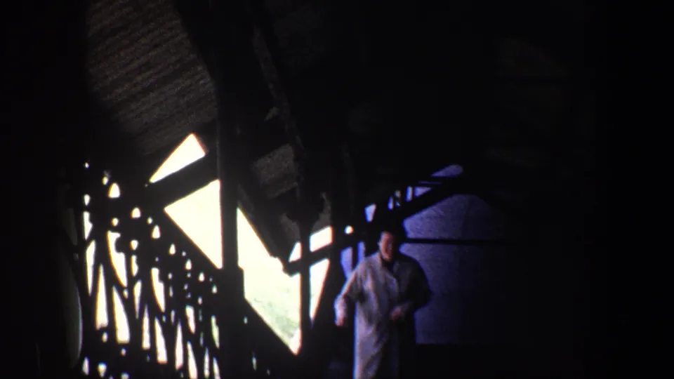 In 1960 Baltimore home-movie footage, a woman in a light coat appears on a shadowed stairway beside bright window openings and ornate railings.