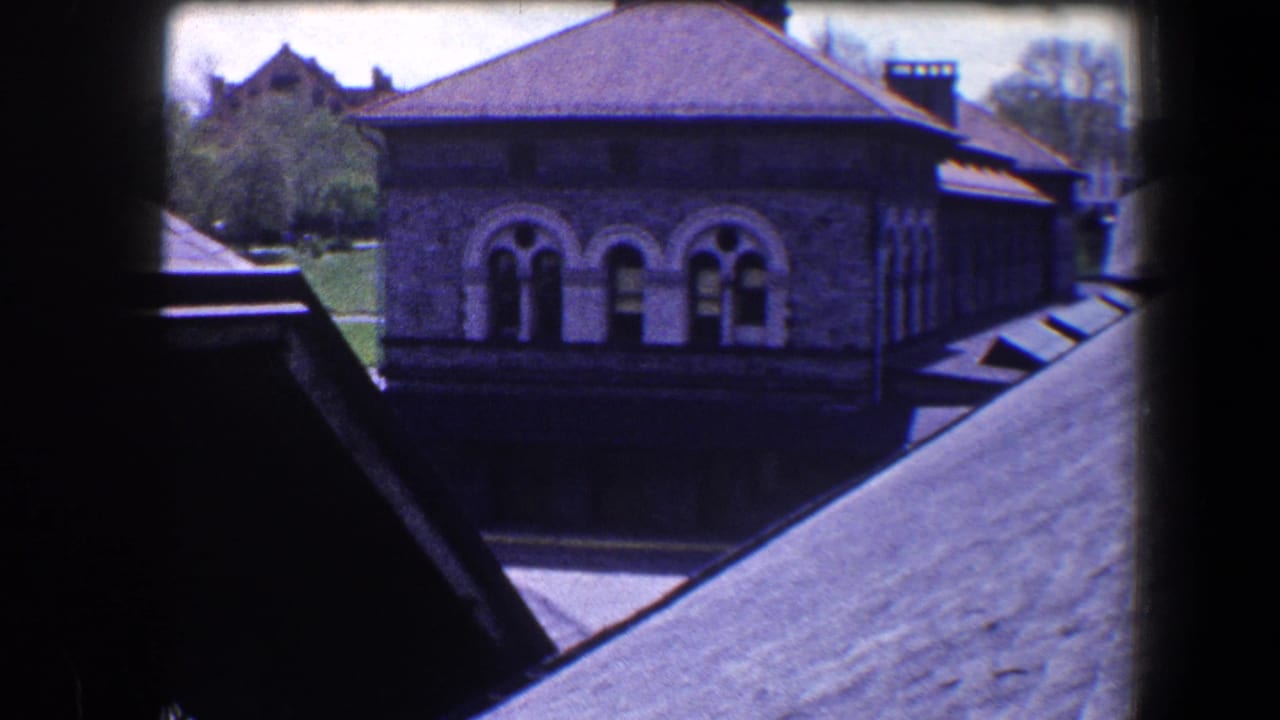 Stone building with arched windows beyond sloping roofs and dark frame edges.