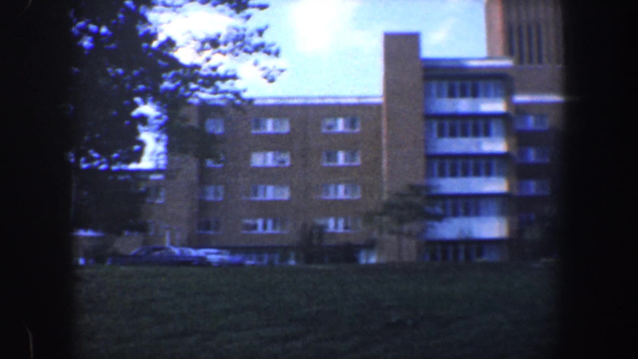 Brick apartment facade with trees, windows, lawn, and parked cars.