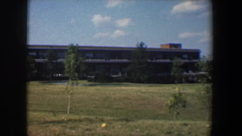 1960 Baltimore university grounds with a young tree in the foreground, open grass and a long campus building beyond.