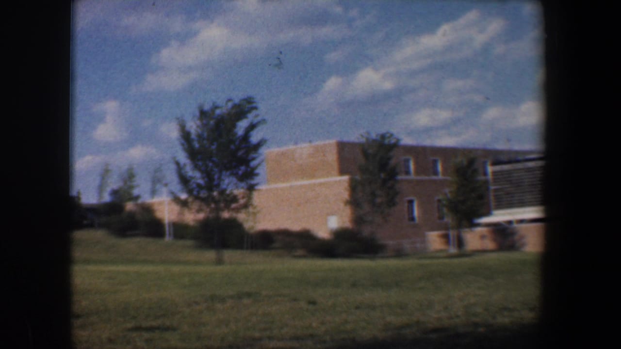 Tan brick building behind a grassy lawn with young trees and blue sky.