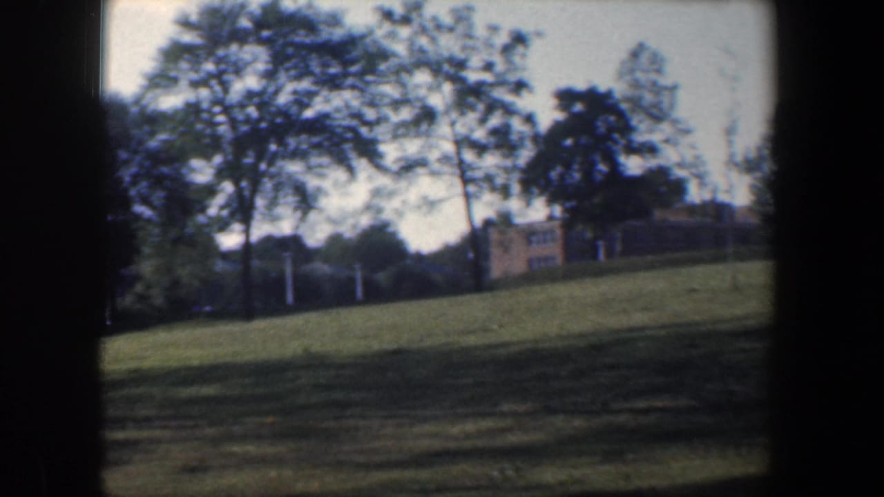 Trees and lawn in front of tan buildings, seen through dark film frame edges.