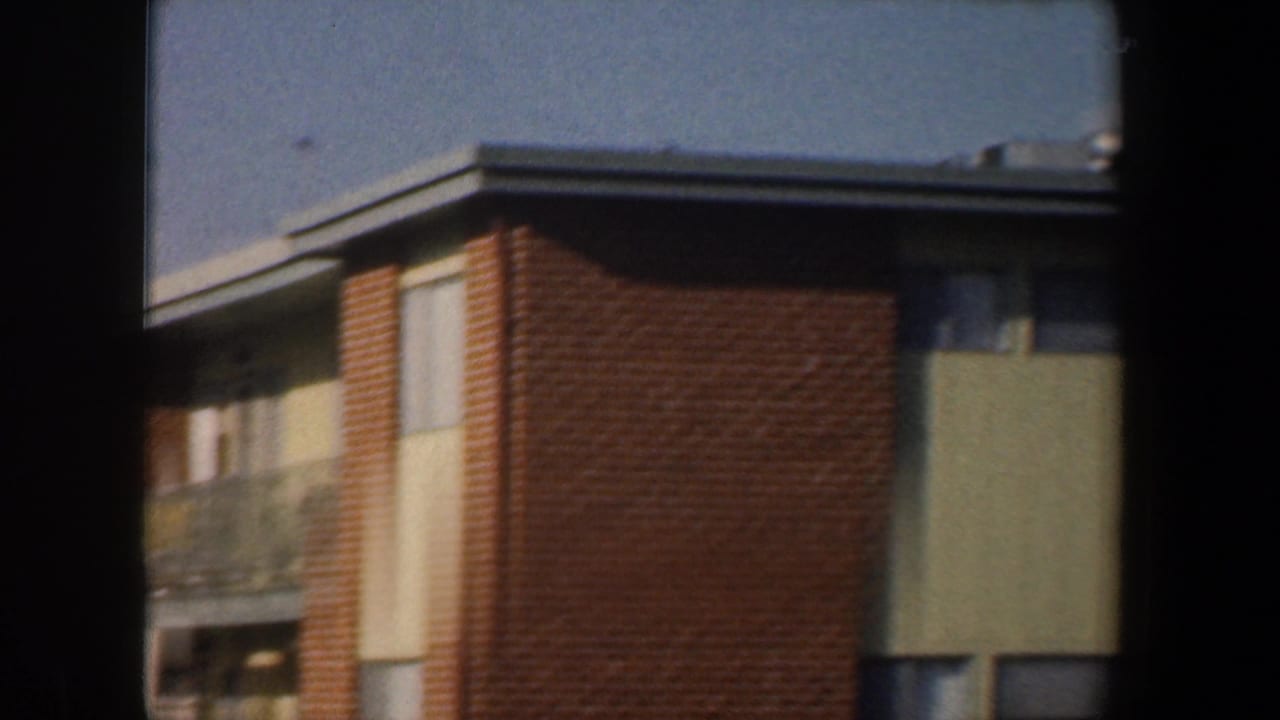 Upper stories of a brick and pale-panel apartment building framed by dark window bars.