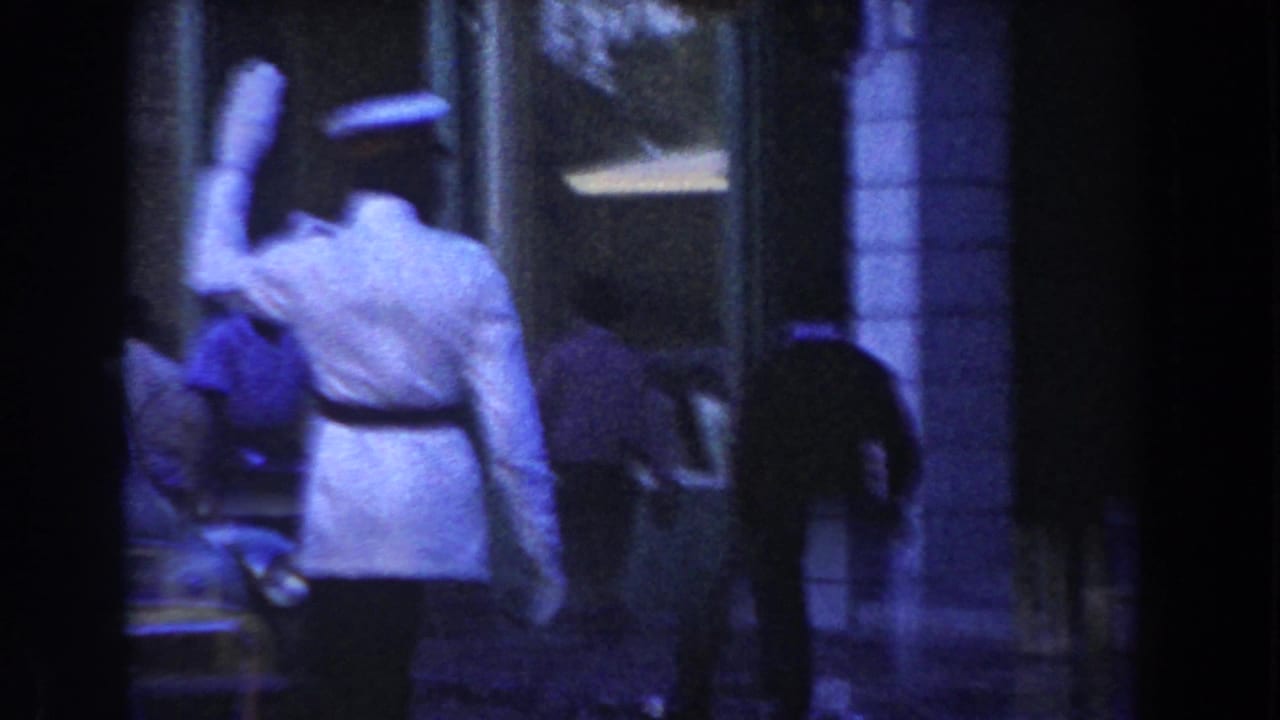 Traffic officer seen from behind with pedestrians near a building facade.