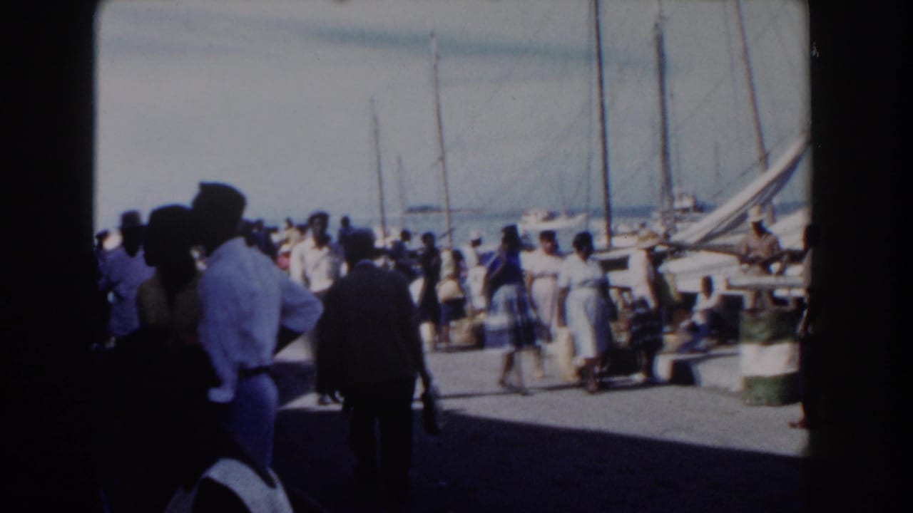Crowd standing near a sunny harbor with sailboat masts in the background.