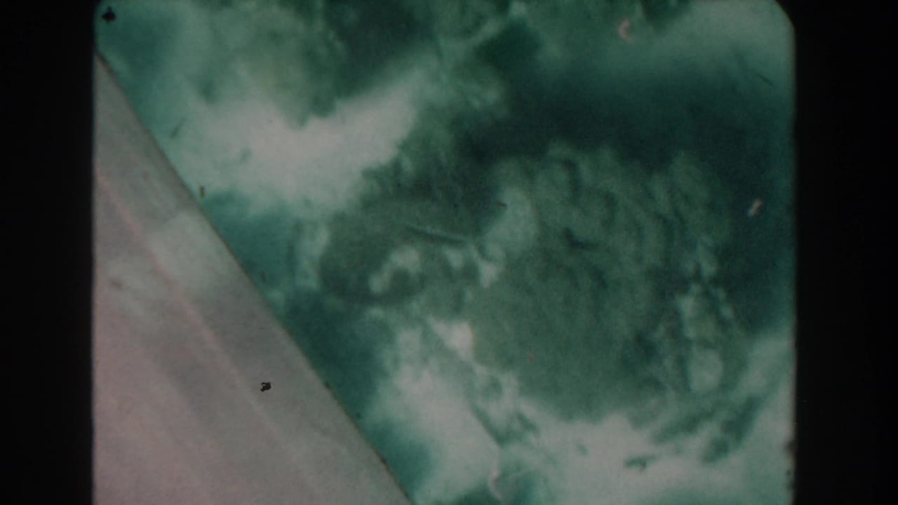 Cloudy green underwater textures framed by a pale diagonal boat edge.