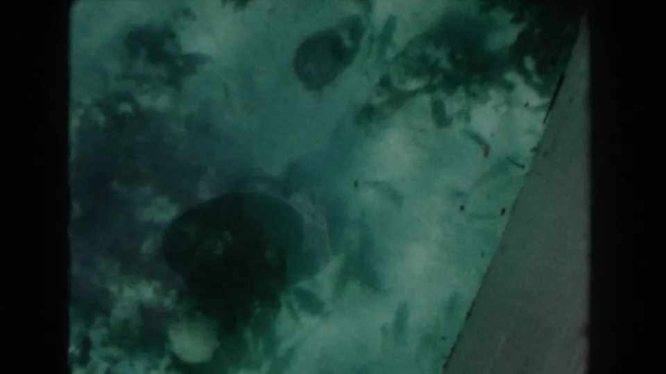 1961 Nassau underwater home-movie frame with teal haze, fish silhouettes, and a pale diagonal edge along the right side.