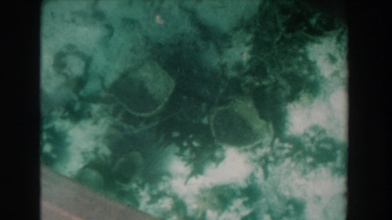 Green underwater view with soft coral or rock shapes and dark film-frame borders.