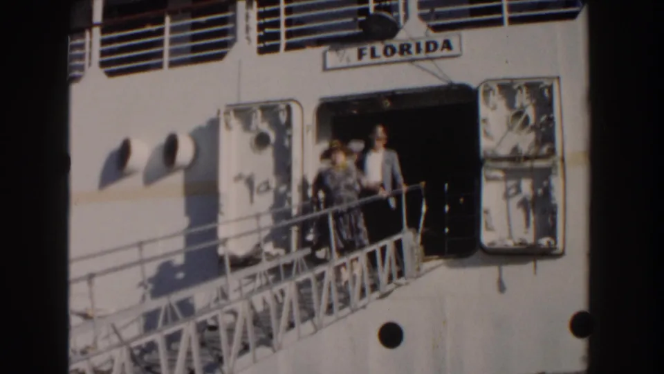 In the final frame, passengers stand on the gangway beside the open ship doorway, with FLORIDA visible above them.