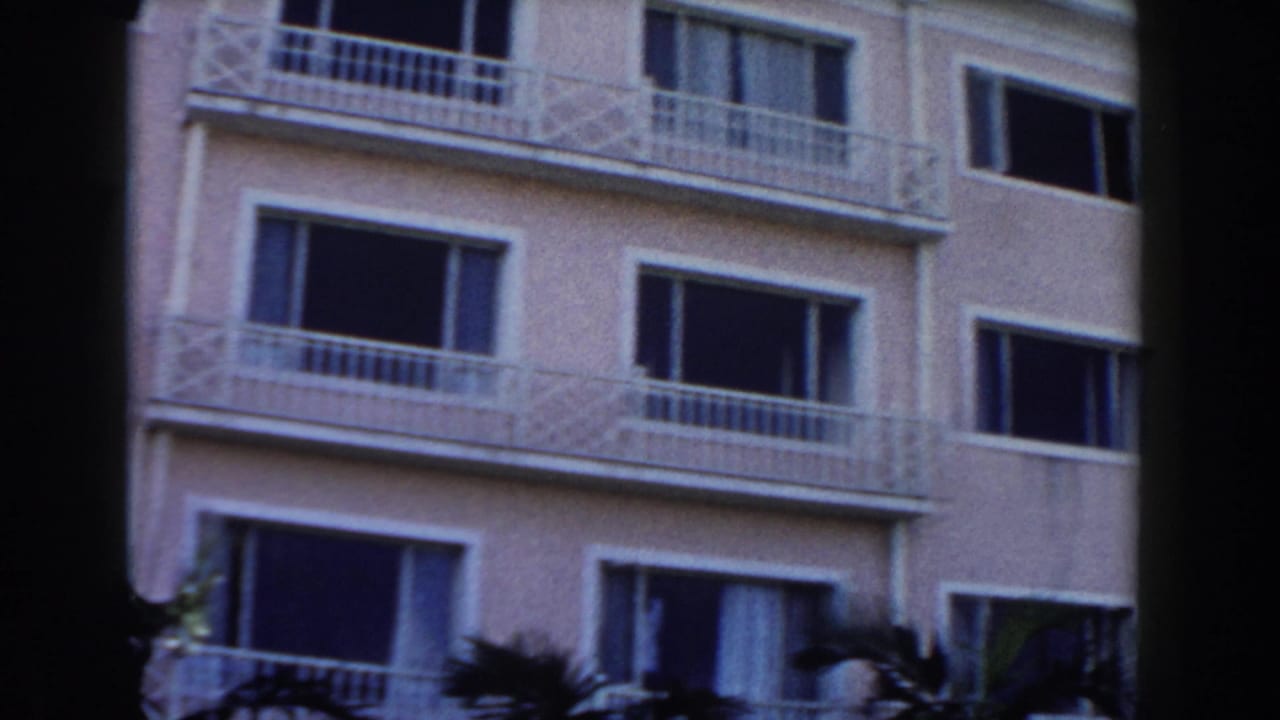 Multi-story facade with balconies, dark windows, and palm silhouettes in front.