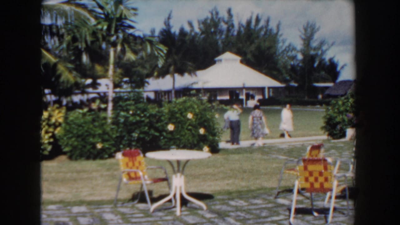 Adults continue along a sunny sidewalk beside a lawn, shrubs, palms, and patio seating.