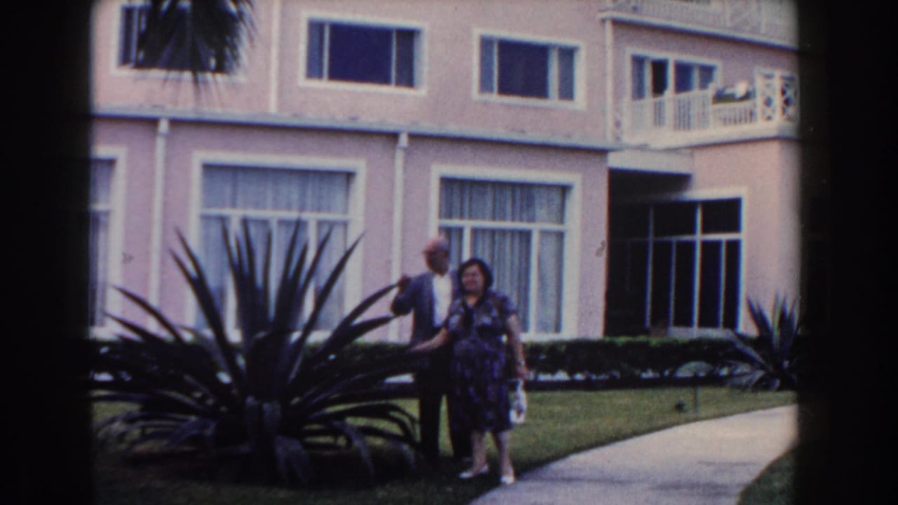Couple walking on a paved path beside tropical plants and a pink building.