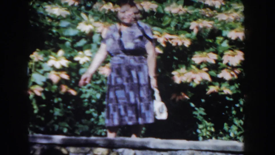 Adult woman in a patterned dress poses in a Nassau garden setting, with flowering shrubs and a low stone wall behind her.