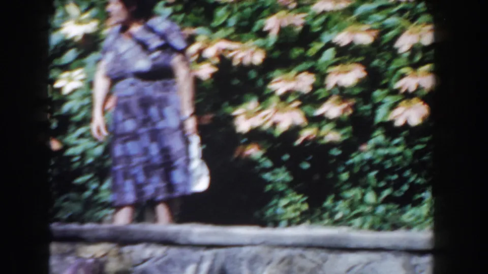The woman remains near the stone wall, partly cropped by the handheld frame, with pale flowers and greenery behind her.