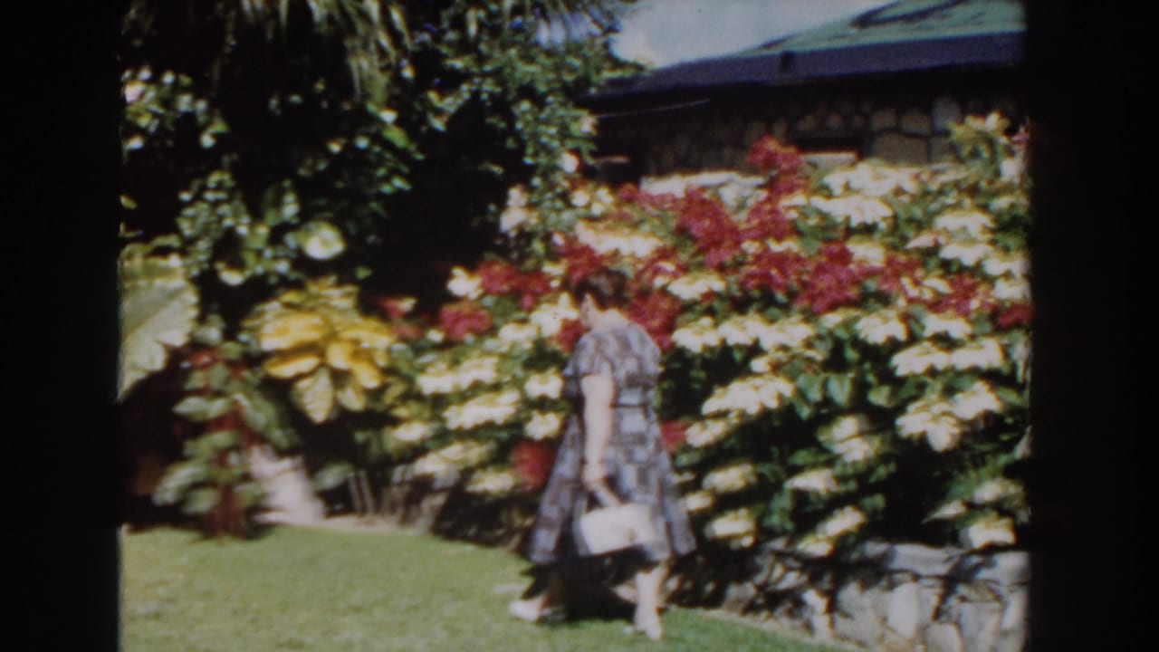 Woman walks to the right past dense flowers and tropical plants.