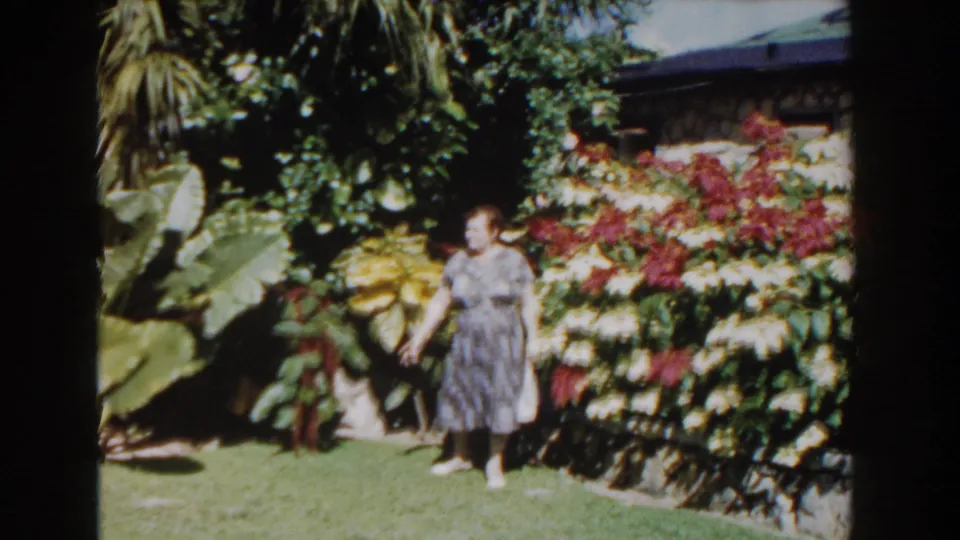 The woman pauses or turns toward the camera in the Nassau garden, framed by sunlit lawn, broad leaves, and red and pale flowers.