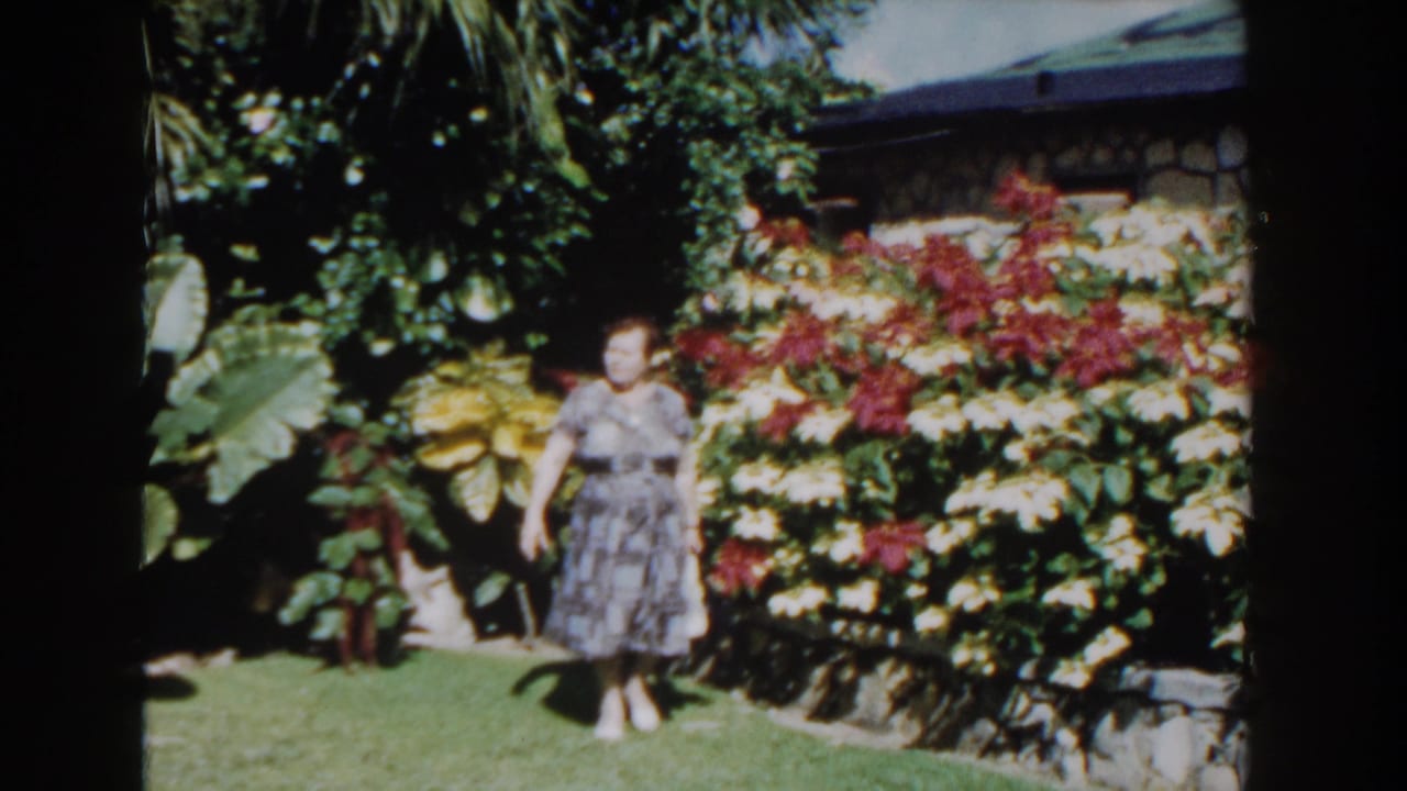 Woman in a patterned dress stands on a lawn before dense tropical flowers.
