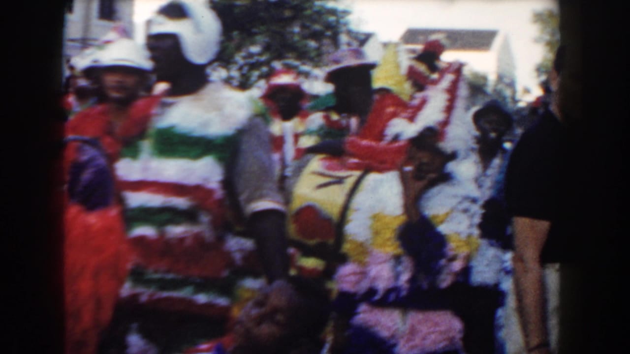 Costumed parade participants move past the camera on a crowded street.