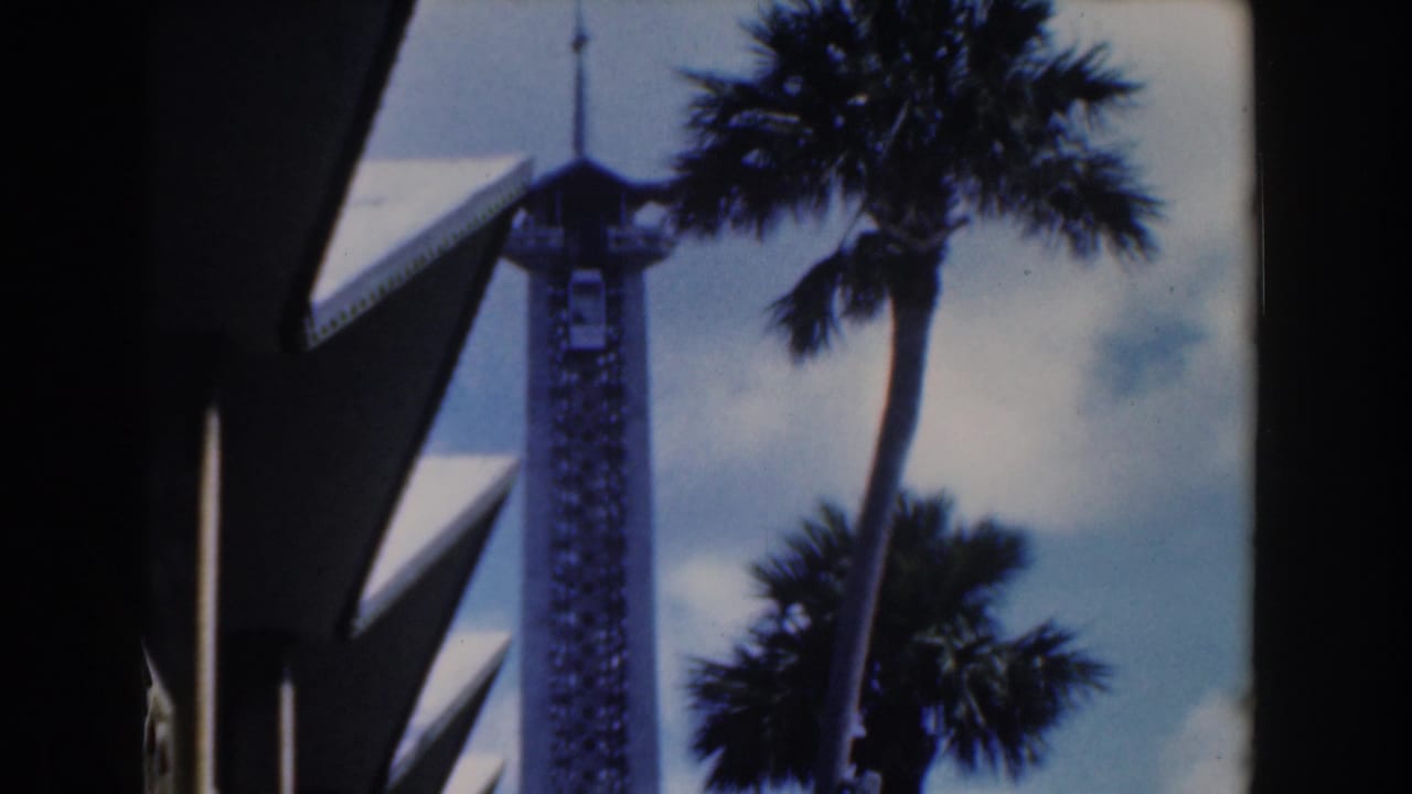 Spired tower framed by palm trees and angular roof edges.