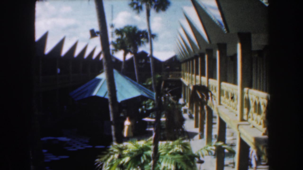 Green patio umbrella beside a white building with palms and a shaded courtyard.