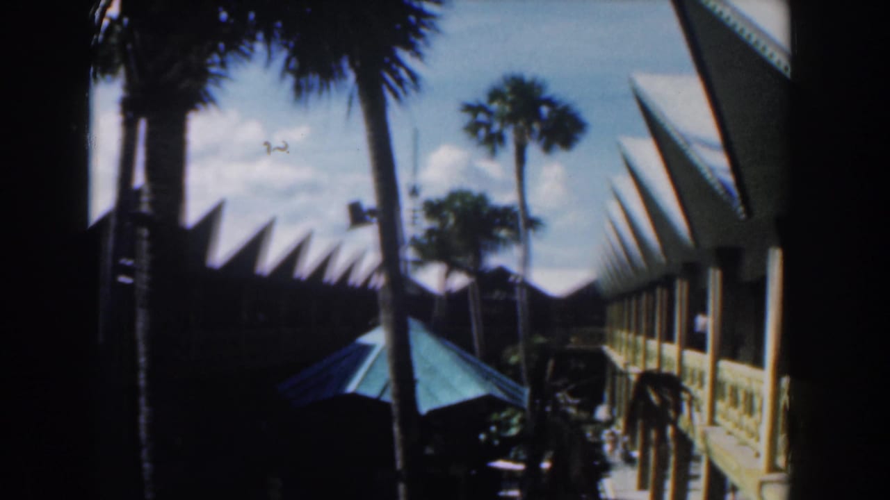 Palm-lined resort walkway with sharp roof peaks and a blue umbrella.