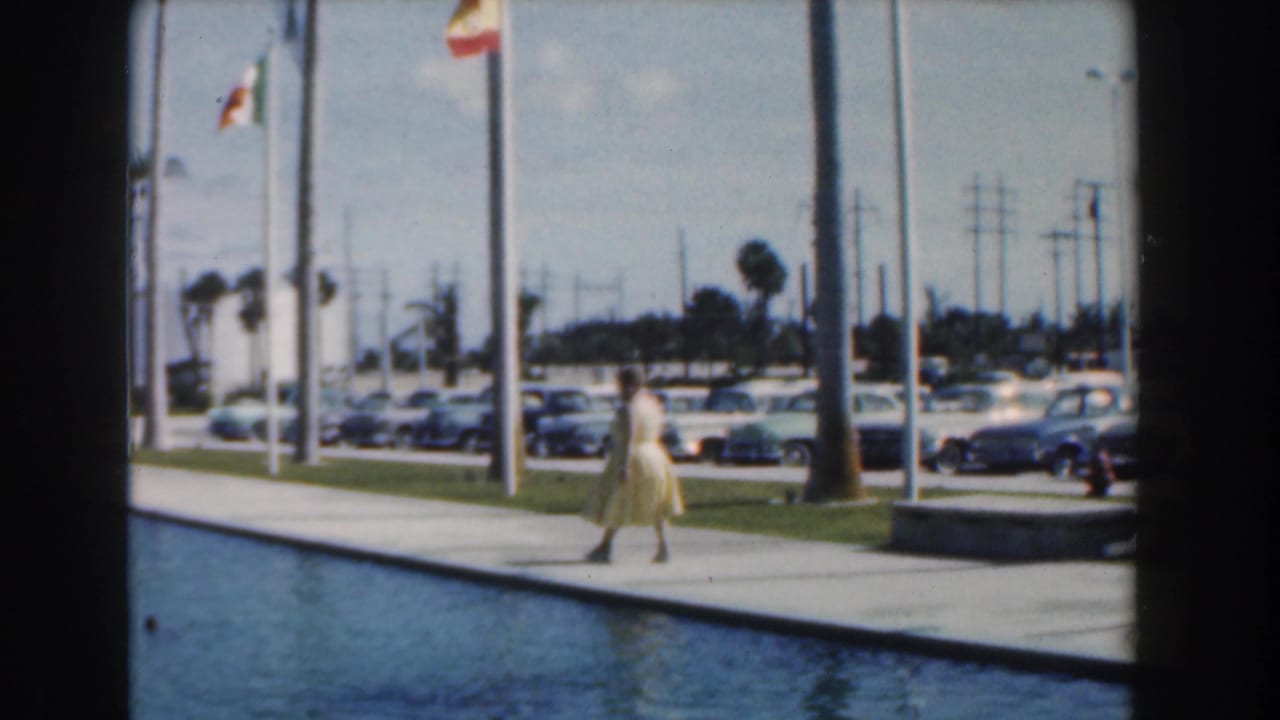 Woman in a pale dress walking beside a reflecting pool with flags and parked cars behind her.