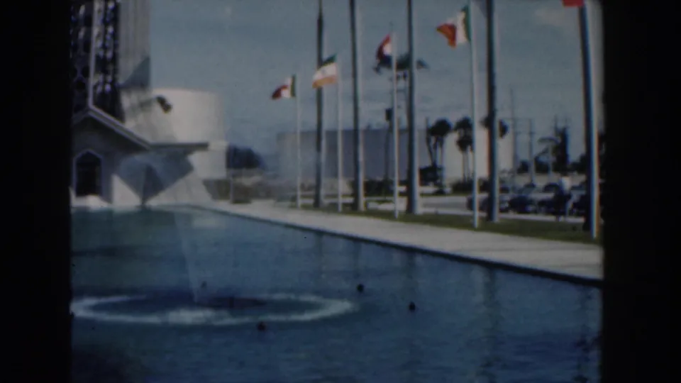 The view opens down the Nassau reflecting pool toward flagpoles, palms, parked cars, and a building edge, with a small fountain ripple in the water.