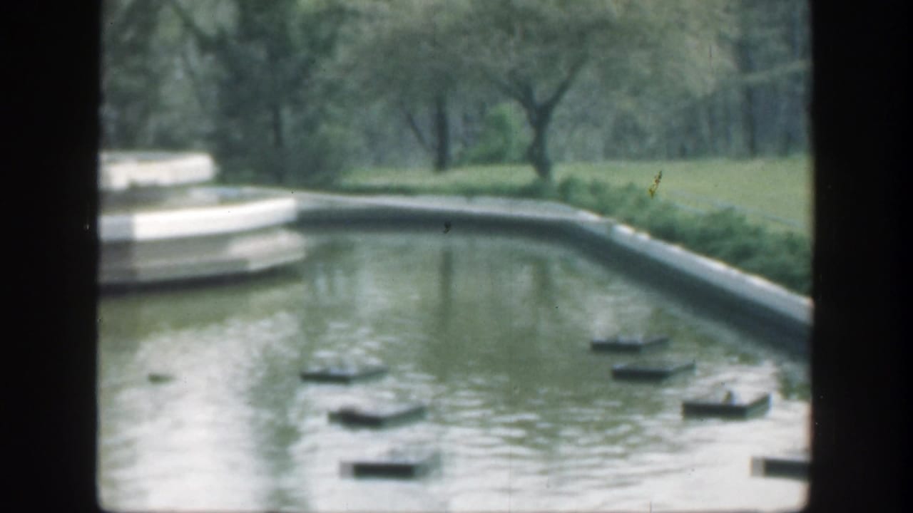 Garden pond with floating platforms, hedges, trees, and a partial stone fountain.