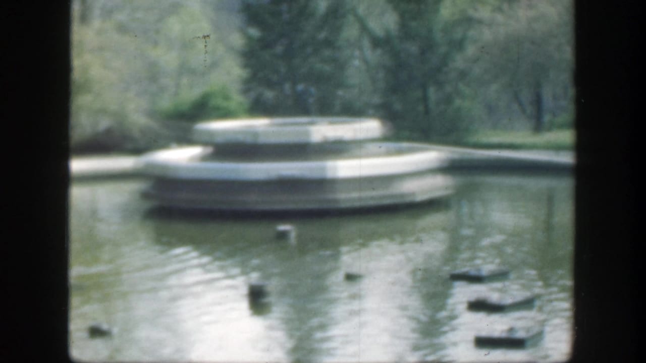 Tiered stone fountain beside a pond with floating platforms and trees beyond.