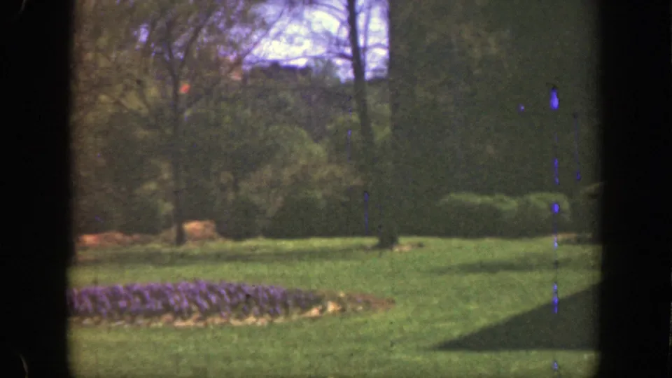 1949 Cincinnati home-movie frame of a landscaped yard with shrubs, trees, and a purple flower bed.
