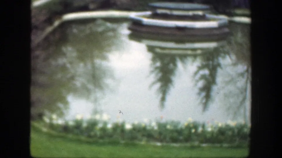 1949 Cincinnati park pond scene with a low flower border, clipped grass, reflected trees, and a pale circular structure near the bank.
