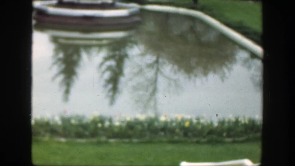 Soft 8mm frame from the Cincinnati park pond, showing flowers along the near bank, reflective water, lawn, and curved edging.
