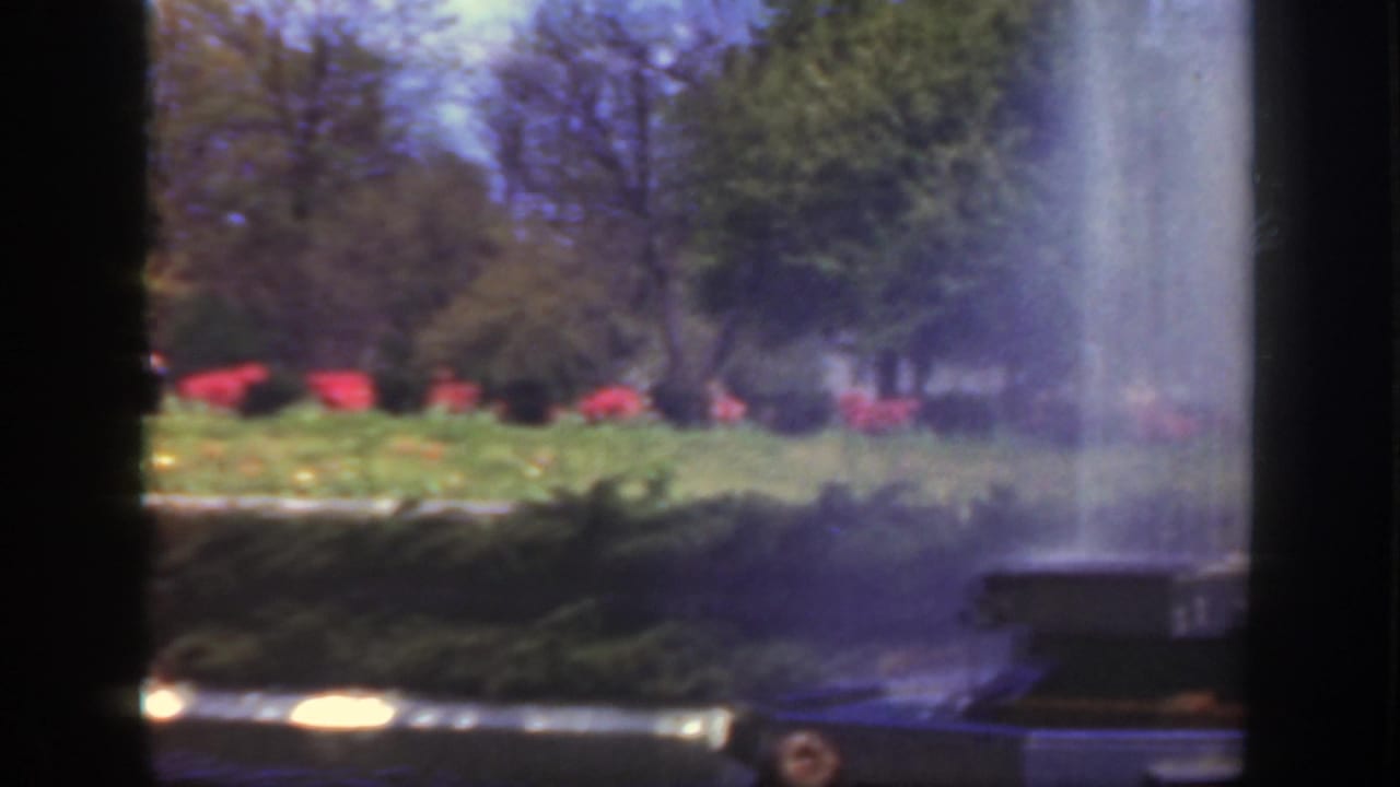 Tall fountain spray rising above a landscaped park with trees and red flowers.